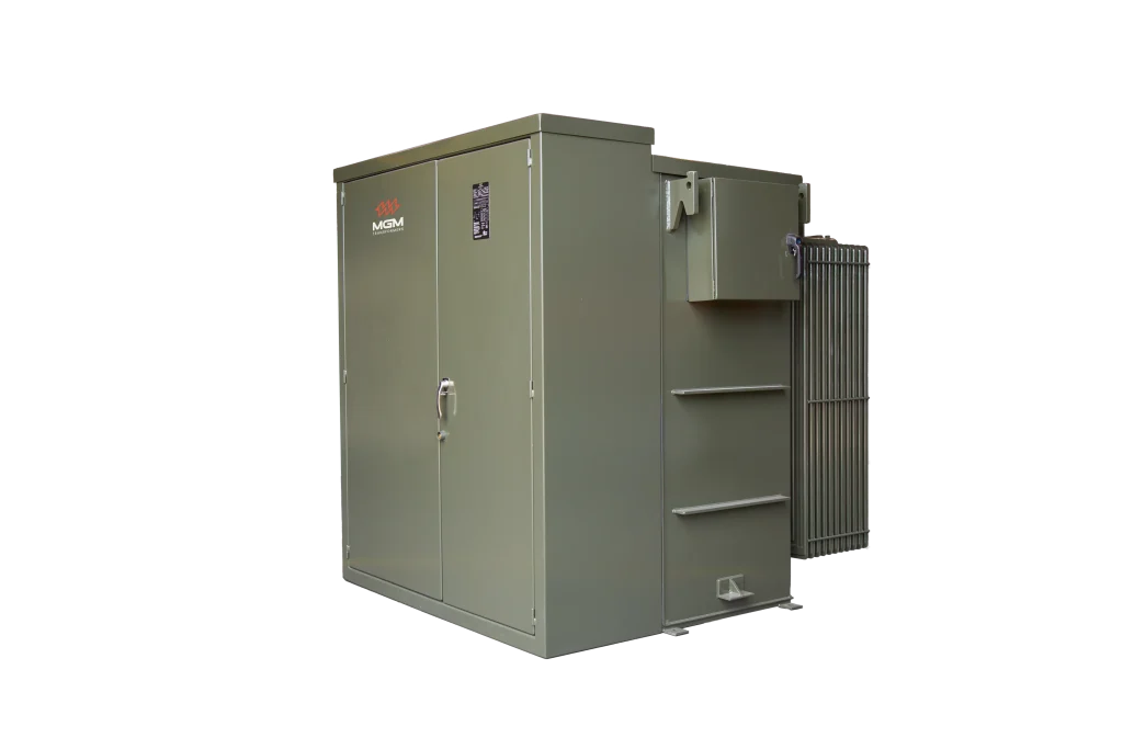 MGM oil-filled padmount compartmental transformer with green steel enclosure and radiator cooling fins