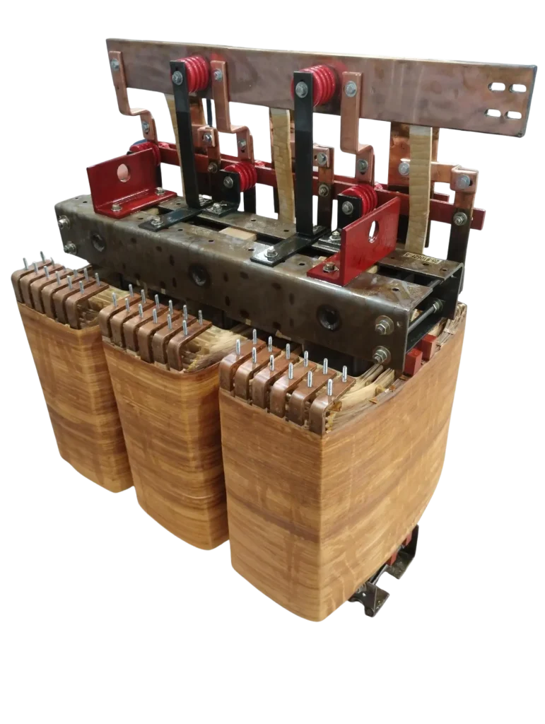 Three-phase PDU transformer with wooden core, red mechanical components, and metal mounting frame for industrial power