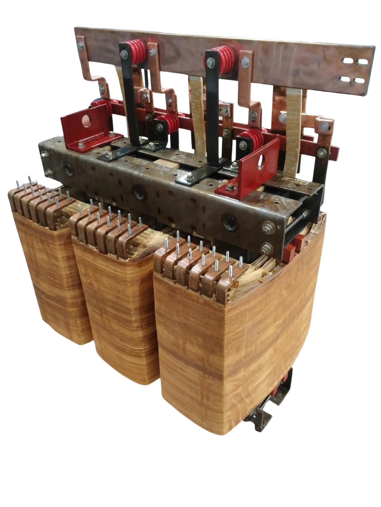 Three-phase PDU transformer with wooden core, red mechanical components, and metal mounting frame for industrial power