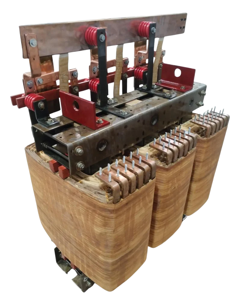 Industrial PDU transformer with three wooden core windings, red mechanical components, and metal framework for power