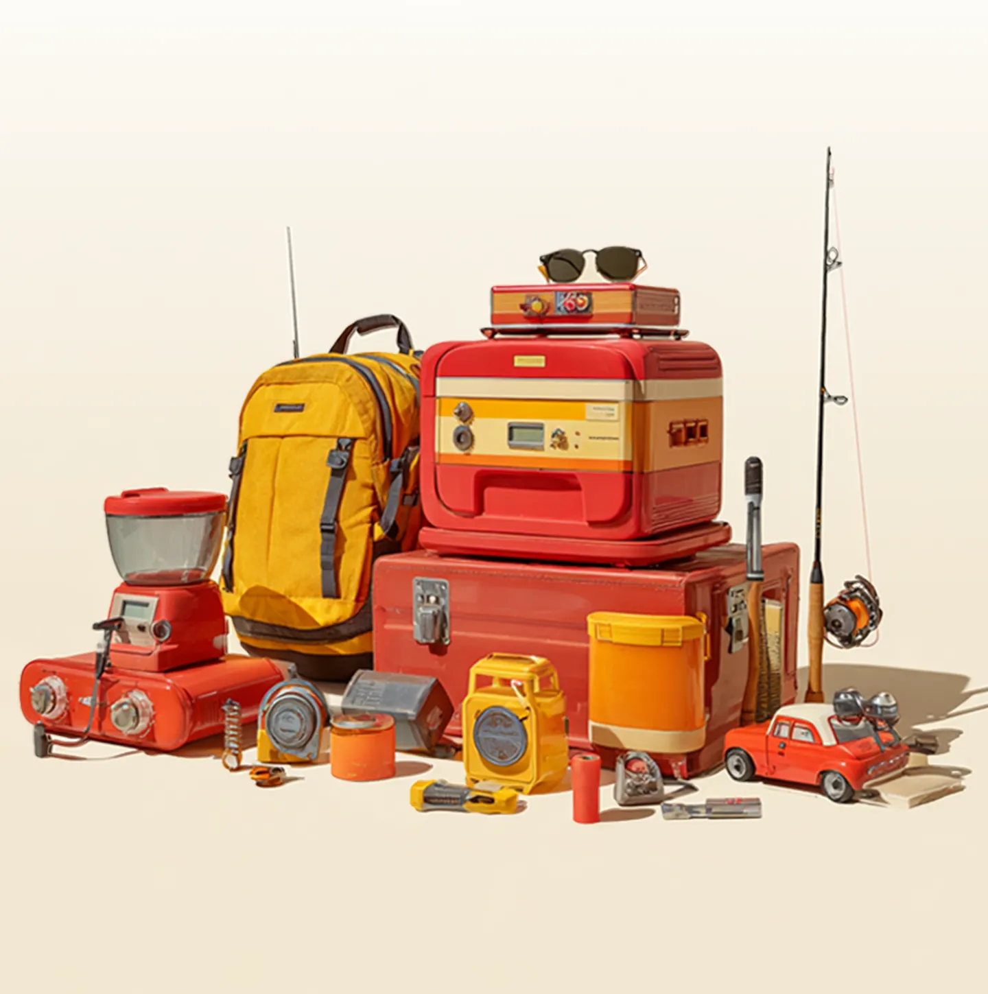 Assorted red and yellow outdoor equipment and camping gear including backpack, coolers, fishing rods, and tools arranged on